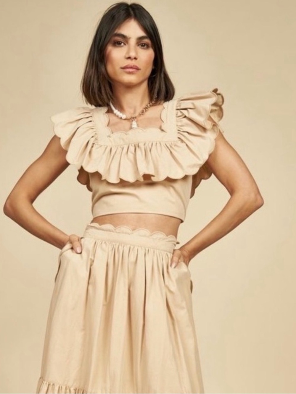 High-Waist Beige Cotton Midi Skirt